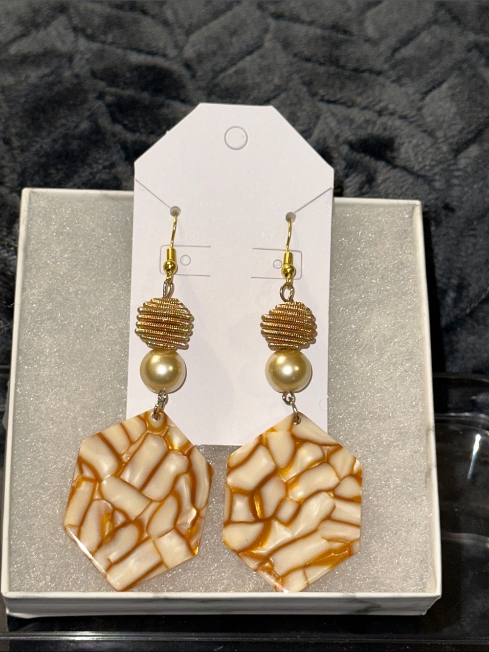 Handmade Earrings! Gold-Tone Hexagon Drop Earrings with Cream Marble Inlay